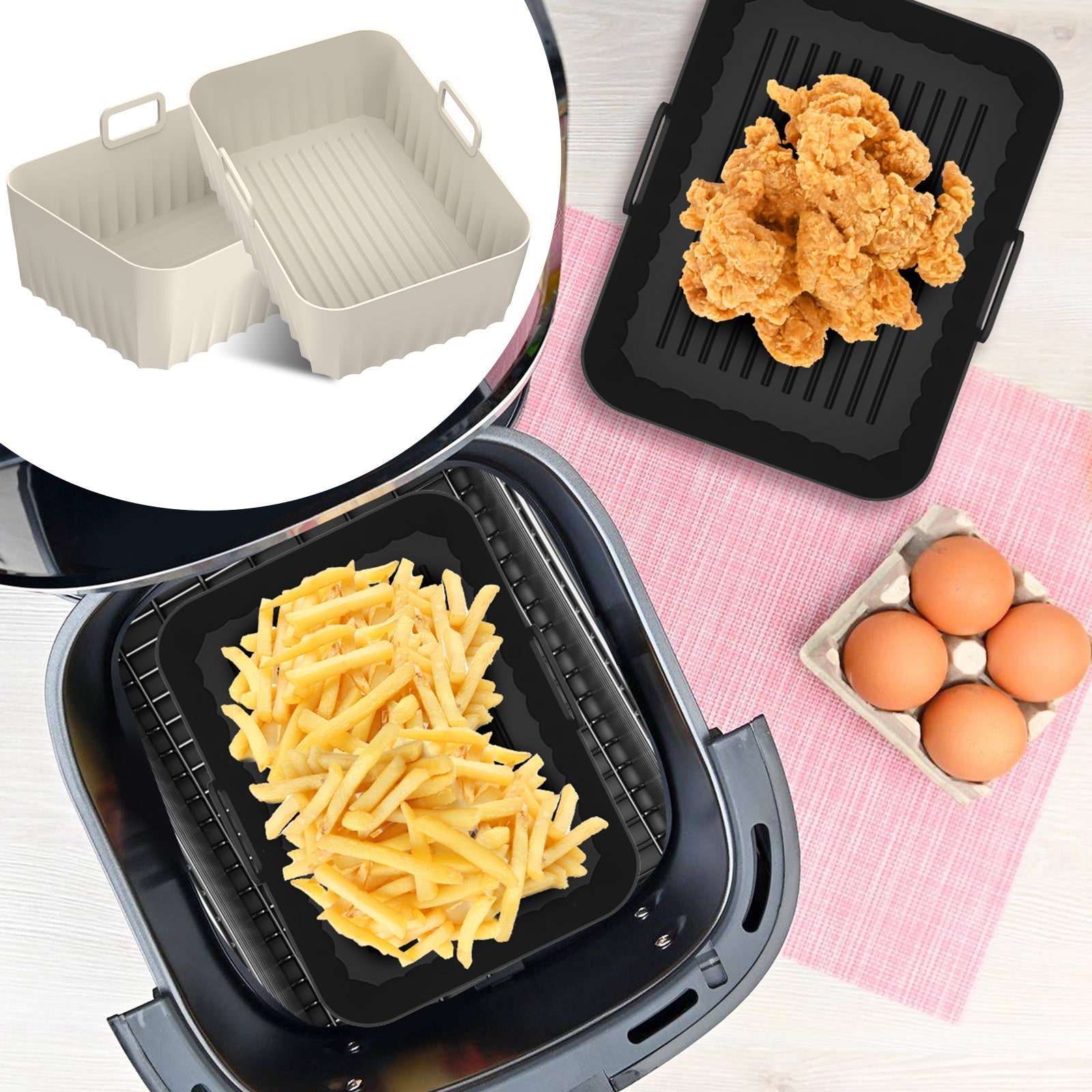 2Pcs Forro De Silicona Para Freidora De Aire Con Mango, Bandeja De Silicona Reutilizable Para Freidora De Aire, Olla De Silicona Rectangular Para Freidora De Aire, Accesorios Para Freidora De Aire Resistentes Al Calor, Aptos Para Lavavajillas Para Cocina