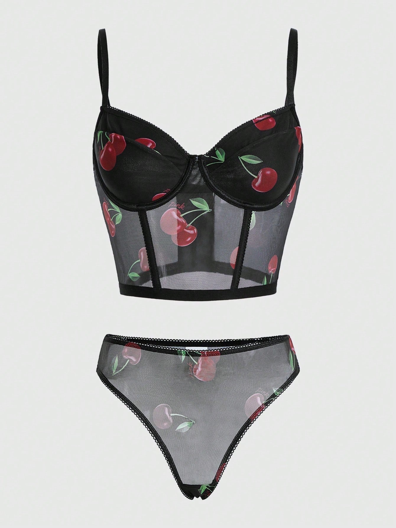 Conjunto De Tangas Y Brasier Con Aros De Malla Color Cereza
