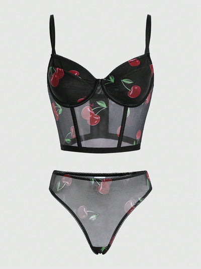 Conjunto De Tangas Y Brasier Con Aros De Malla Color Cereza