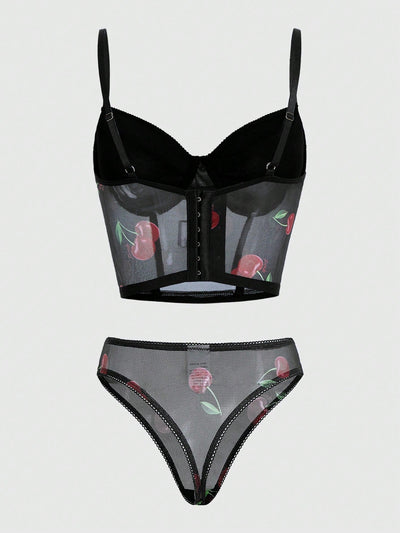 Conjunto De Tangas Y Brasier Con Aros De Malla Color Cereza
