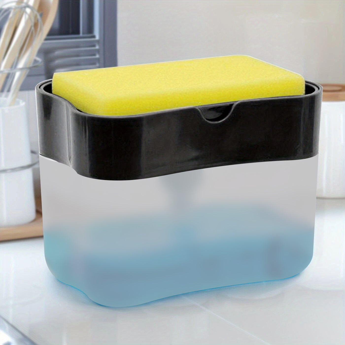 Dispensador de Jabón para Platos y Soporte para Esponja, 1pc, Metálico Plateado para Fregadero de Cocina, Sin Esponja Incluida