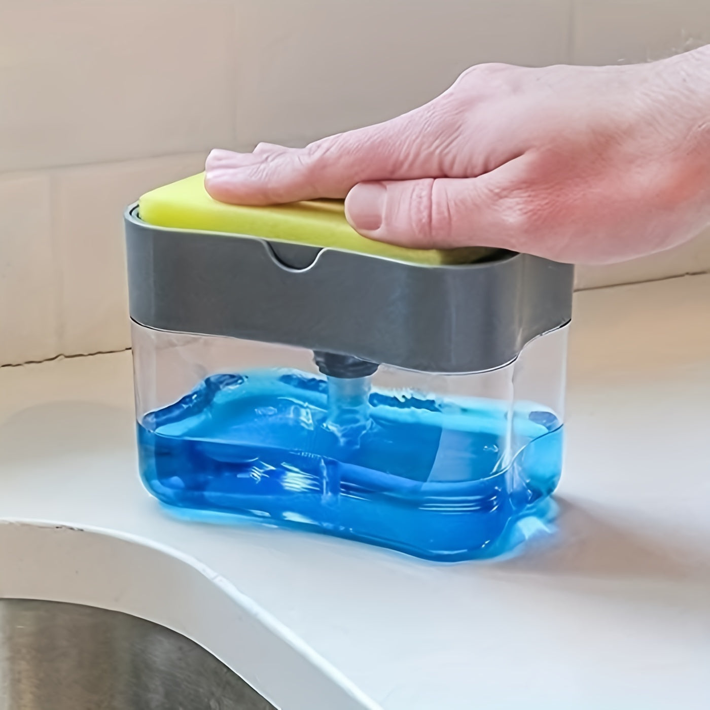 Dispensador de Jabón para Platos y Soporte para Esponja, 1pc, Metálico Plateado para Fregadero de Cocina, Sin Esponja Incluida