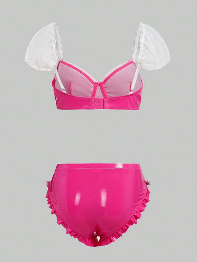 Conjunto De Sosten Y Panty Con Diseno De Tachuelas De Rosas, Con Aros Y Bordes Festoneados