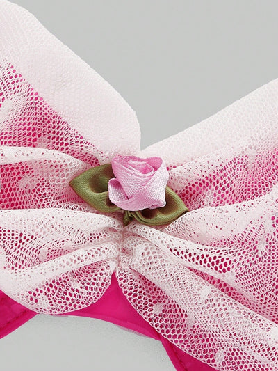 Conjunto De Sosten Y Panty Con Diseno De Tachuelas De Rosas, Con Aros Y Bordes Festoneados