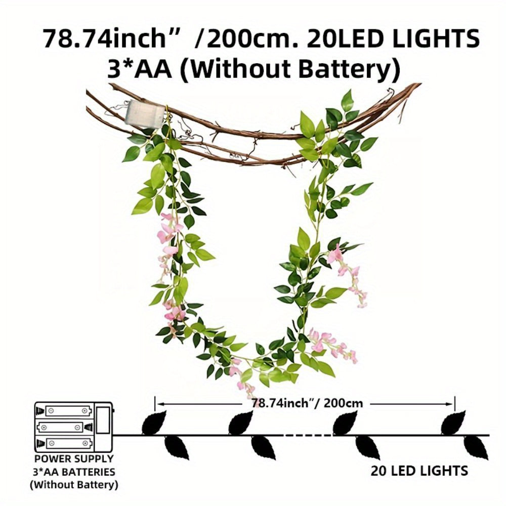 1 Conjunto, Luces de cuerda de enredadera de flor rosa LED, 2m/78,74in 20 LED, con batería, control de botón, no impermeable, para pared, habitación, oficina, cumpleaños, decoración para el hogar - Sin baterías incluidas