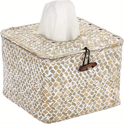 Cubierta de Caja de Pañuelos de Juncos de Granja Chic - Cuadrada, Porta Servilletas Decorativo para Baño y Decoración del Hogar