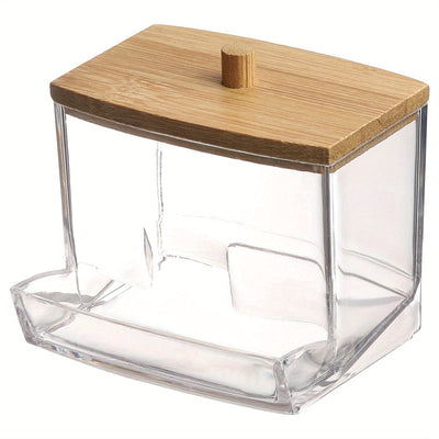 1 unidad Soporte de hisopo autosoportante con tapa de madera - 7oz Organizador de plástico ligero para baño y farmacia, no necesita electricidad, diseño transparente con tapa de madera blanca, Organizadores y almacenamiento de baño