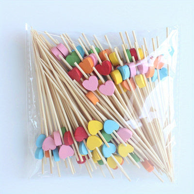 100pcs Palillos Artísticos de Bambú para Frutas, Decoraciones de Madera Desechables para Cócteles con Diseños de Amor y Flor de Ciruelo