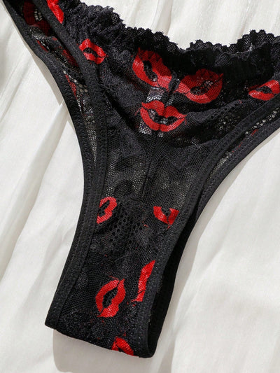 Conjunto de lenceria sexy de encaje para el Dia de San Valentin para mujer con diseno de labios y corazones