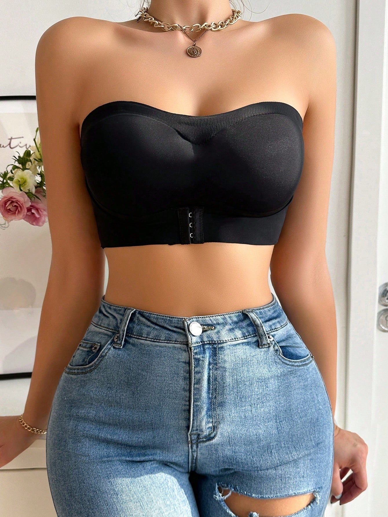 Sujetador Acolchado Con Broche Frontal Y Realce Para Mujer, Negro