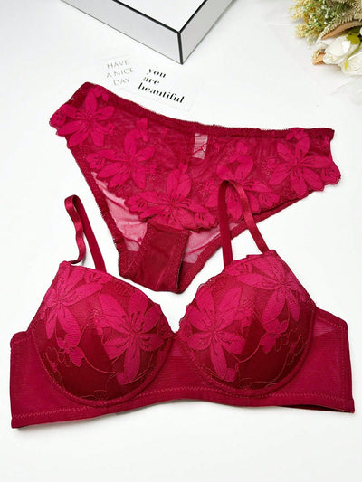 Conjunto De Ropa Interior Para Mujer De Brasier Con Encaje Floral Con Aros Y Calzoncillos Triangulares