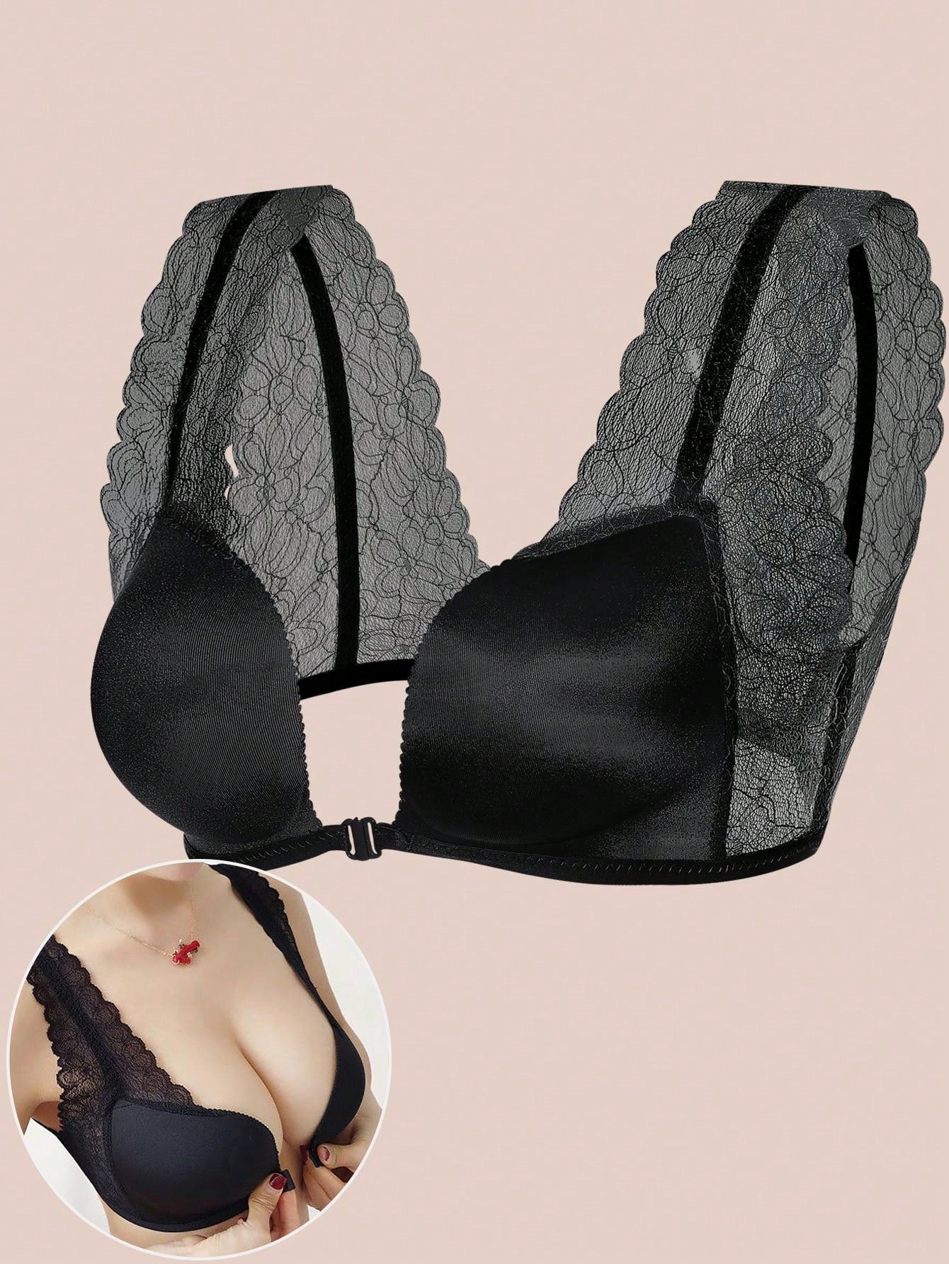 1 Pieza Sujetador Sin Cables Sexy Con Cierre Frontal De Encaje Y Estampado Floral