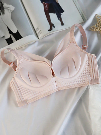 Sencillo Bra Ajustable de Primavera/Verano sin Alambrar con Soporte Lateral y Push-Up, Bottom Gruesa y Parte Superior Delgada, Cierre de Hebilla de Cuatro Filas, Anti-Caida y Anti-Bultos Laterales