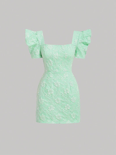 Mod vestido floral jacquard de cuello cuadrado de manga farol