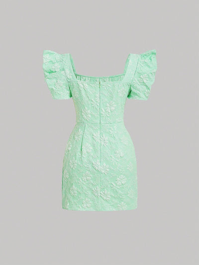 Mod vestido floral jacquard de cuello cuadrado de manga farol