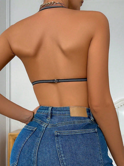 Sencillo Bra Sin Costuras De Pipping, Comodo Y Transpirable Bra Sin Respaldo De Cuello Halter Acanalado, Lenceria Y Ropa Interior Para Mujeres