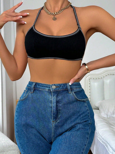 Sencillo Bra Sin Costuras De Pipping, Comodo Y Transpirable Bra Sin Respaldo De Cuello Halter Acanalado, Lenceria Y Ropa Interior Para Mujeres