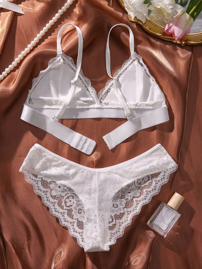 Conjunto De Lenceria De Mujer Con Correas Finas De Encaje Y Color Solido