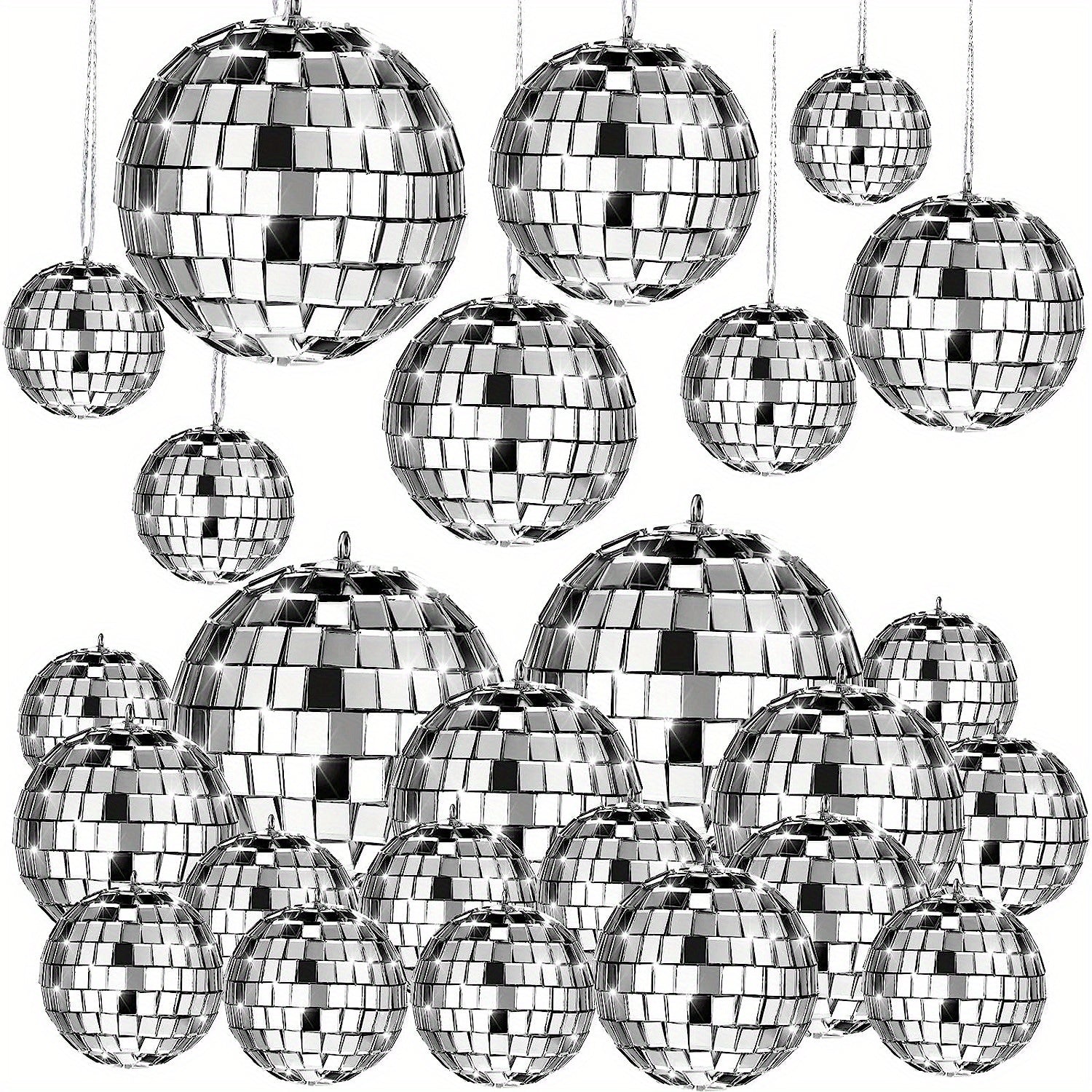 [Espejo Colgante de Vidrio Plateado] Adornos de Espejo Colgante de Vidrio Plateado Mini - 20 pzas Reflectantes con Cuerda - Tamaños Diferentes (2.4 Pulgadas, 2 Pulgadas, 1.6 Pulgadas, 1.2 Pulgadas) Decoración de Mardi Gras