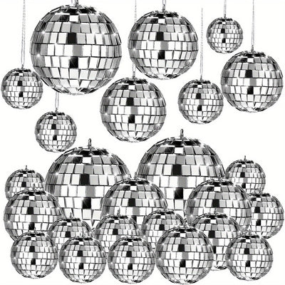 [Espejo Colgante de Vidrio Plateado] Adornos de Espejo Colgante de Vidrio Plateado Mini - 20 pzas Reflectantes con Cuerda - Tamaños Diferentes (2.4 Pulgadas, 2 Pulgadas, 1.6 Pulgadas, 1.2 Pulgadas) Decoración de Mardi Gras