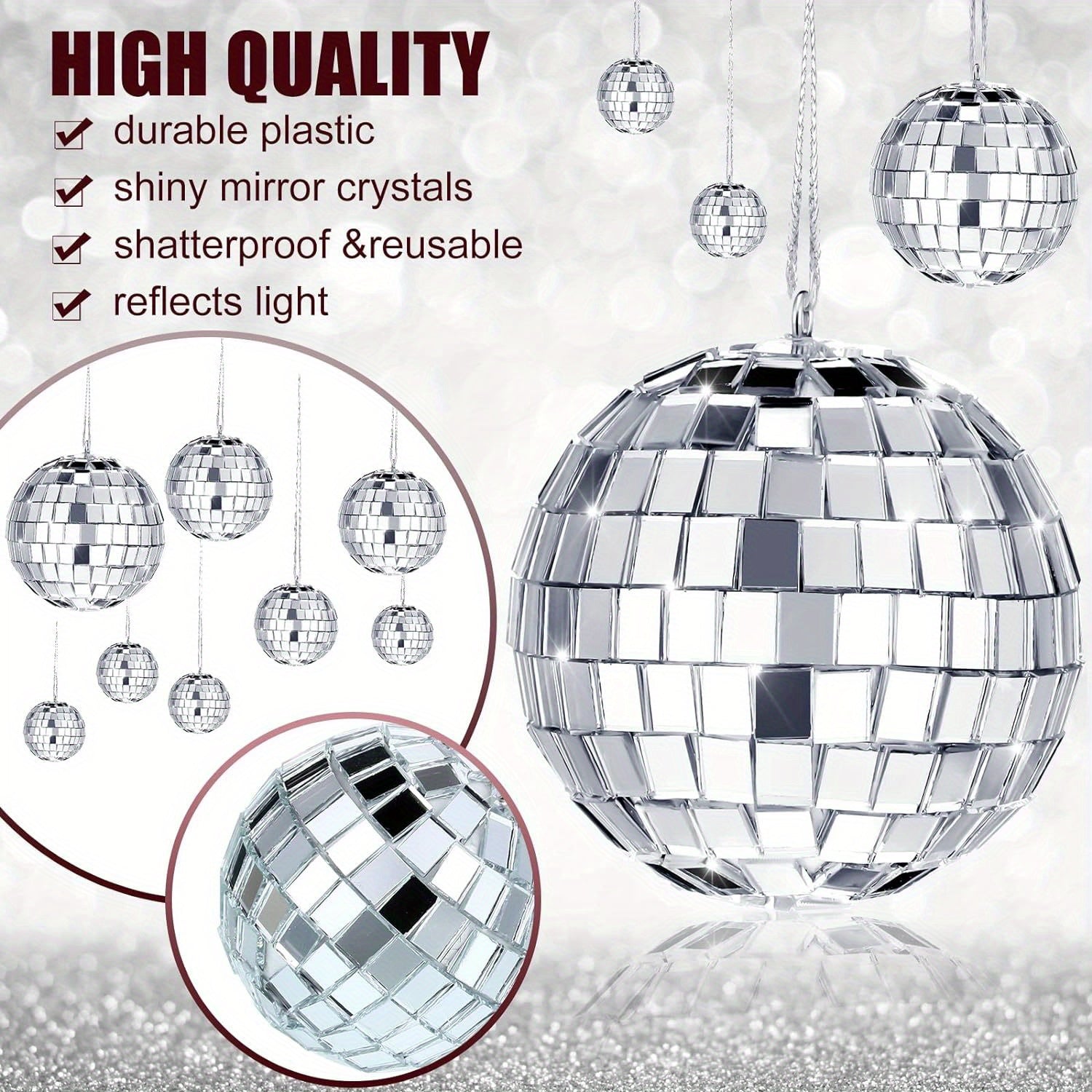 [Espejo Colgante de Vidrio Plateado] Adornos de Espejo Colgante de Vidrio Plateado Mini - 20 pzas Reflectantes con Cuerda - Tamaños Diferentes (2.4 Pulgadas, 2 Pulgadas, 1.6 Pulgadas, 1.2 Pulgadas) Decoración de Mardi Gras