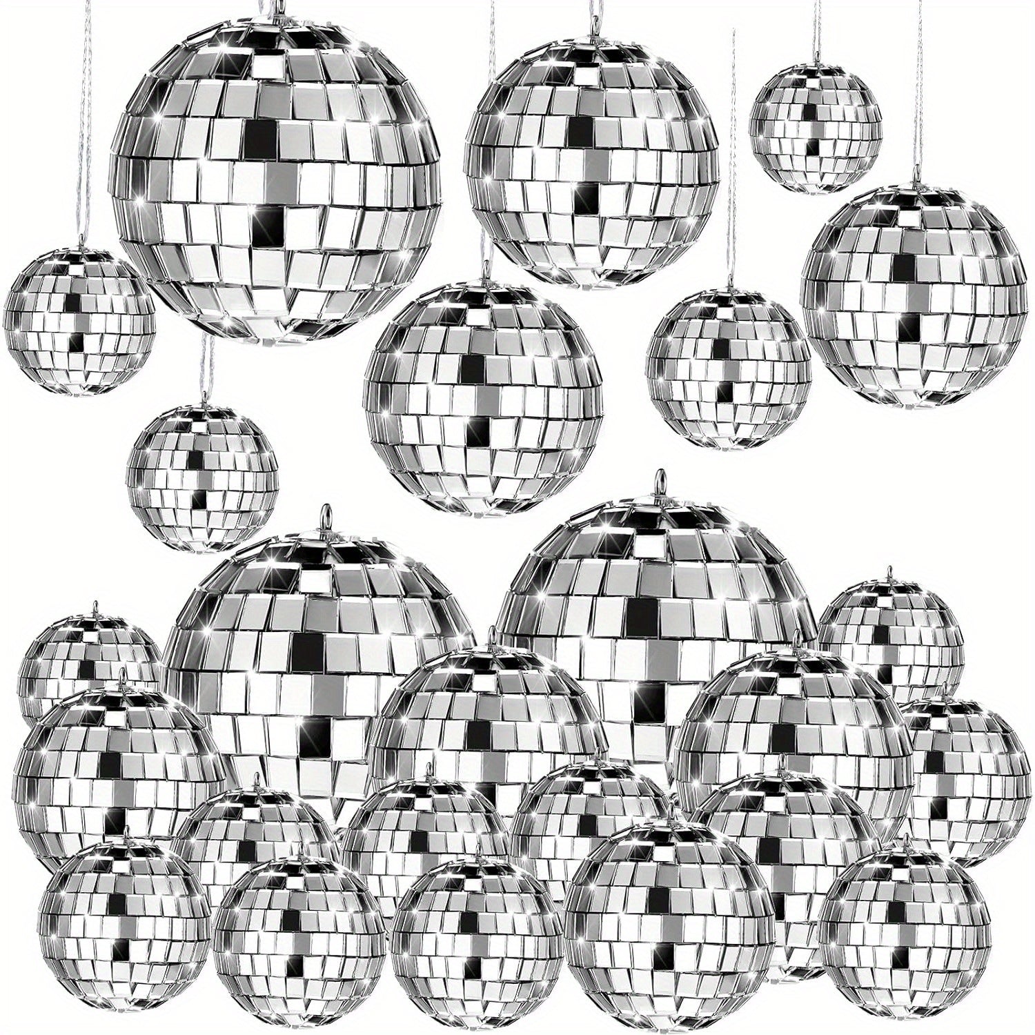 [Espejo Colgante de Vidrio Plateado] Adornos de Espejo Colgante de Vidrio Plateado Mini - 20 pzas Reflectantes con Cuerda - Tamaños Diferentes (2.4 Pulgadas, 2 Pulgadas, 1.6 Pulgadas, 1.2 Pulgadas) Decoración de Mardi Gras