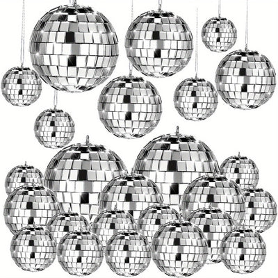 [Espejo Colgante de Vidrio Plateado] Adornos de Espejo Colgante de Vidrio Plateado Mini - 20 pzas Reflectantes con Cuerda - Tamaños Diferentes (2.4 Pulgadas, 2 Pulgadas, 1.6 Pulgadas, 1.2 Pulgadas) Decoración de Mardi Gras