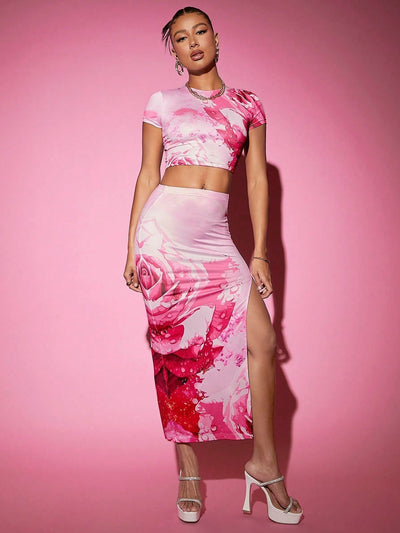 Playera Corta Con Impresion Floral De Rosas Basica De Cuello Redondo, Estilo Versatil