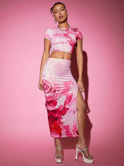 Playera Corta Con Impresion Floral De Rosas Basica De Cuello Redondo, Estilo Versatil