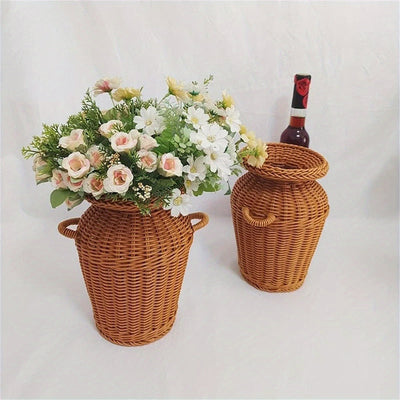 Set De 2 Jarrones De Decoración De Imitación De Ratán Tejido, Maceta De Plástico De Estilo Retro Para Decoración De Mesa, Jarrón De Flores De Artesanía De Ratán Hecho A Mano, Accesorios De Almacenamiento Para Cocina Y Dormitorio