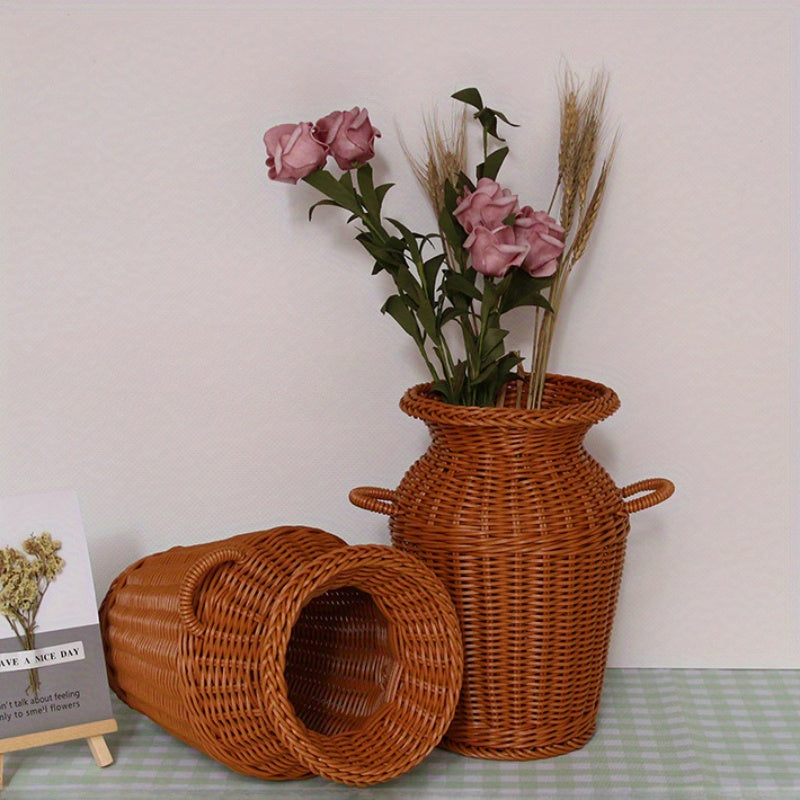 Set De 2 Jarrones De Decoración De Imitación De Ratán Tejido, Maceta De Plástico De Estilo Retro Para Decoración De Mesa, Jarrón De Flores De Artesanía De Ratán Hecho A Mano, Accesorios De Almacenamiento Para Cocina Y Dormitorio