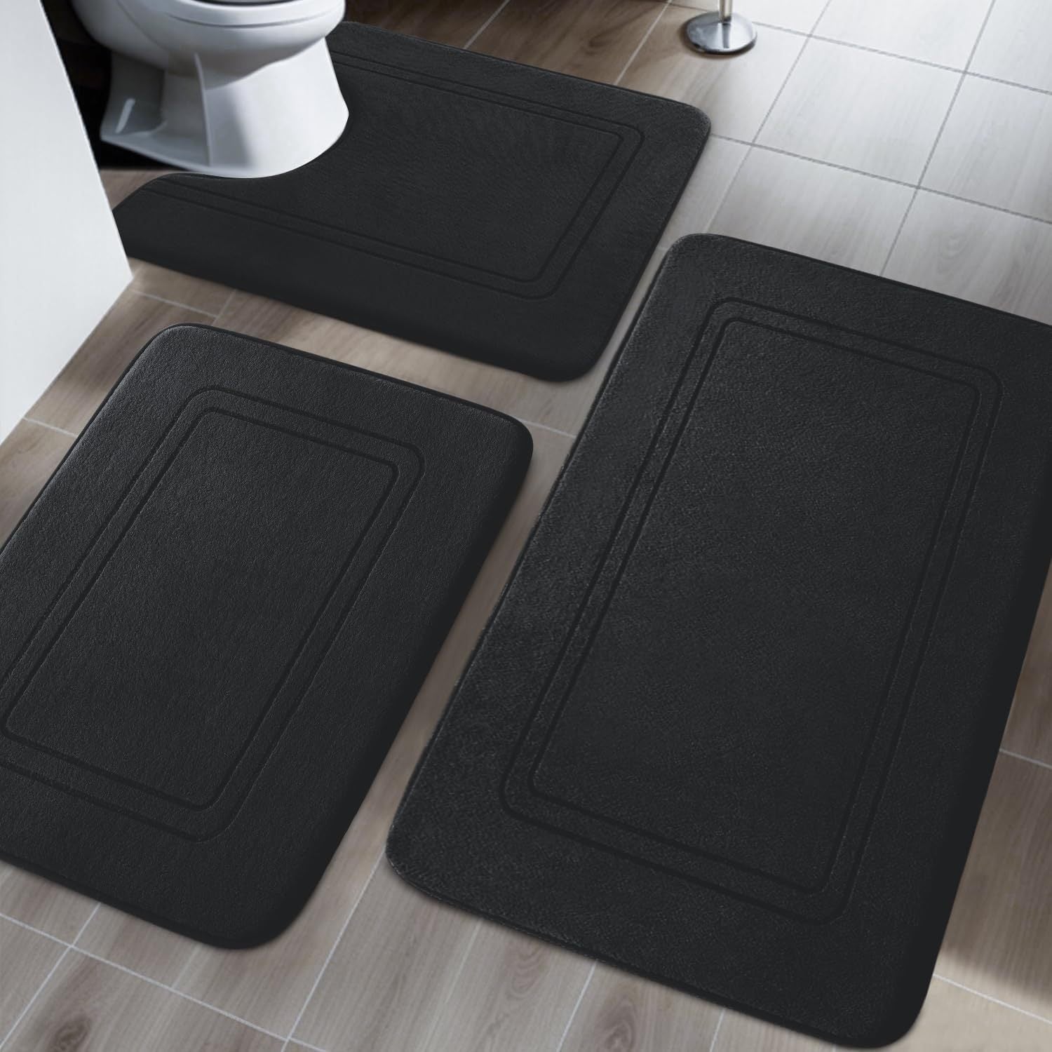 Juego de Alfombrillas de Baño de Espuma de Memoria Ultra-Suave - 3pcs, Antideslizantes y Súper Absorbentes, Lavables a Máquina, Alfombrillas en Forma de U para Baño, Accesorios de Baño