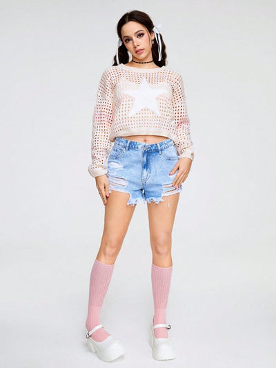 ROMWE Kawaii Jersey De Manga Larga Con Cuello Redondo Para Mujer Con Patron De Estrella De Degradado De Color Y Estilo Hueco