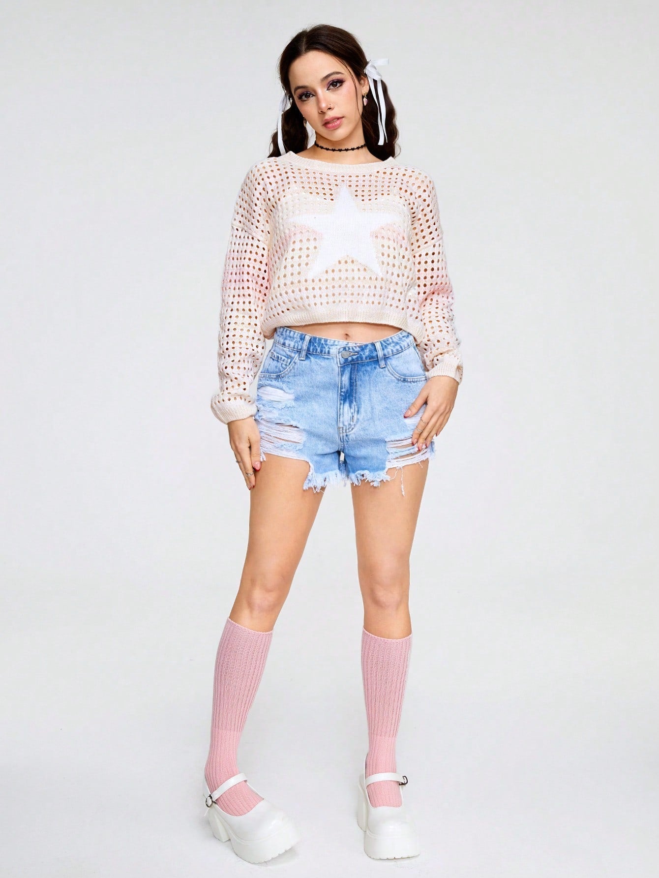 ROMWE Kawaii Jersey De Manga Larga Con Cuello Redondo Para Mujer Con Patron De Estrella De Degradado De Color Y Estilo Hueco