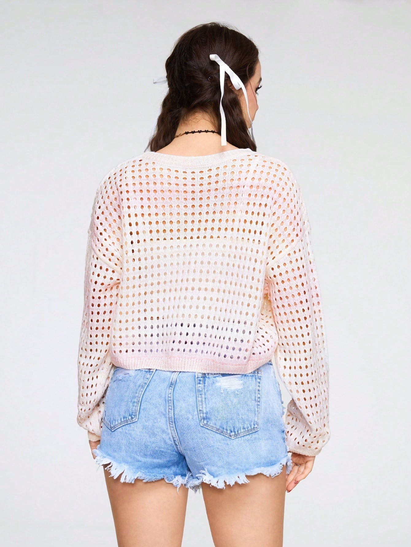 ROMWE Kawaii Jersey De Manga Larga Con Cuello Redondo Para Mujer Con Patron De Estrella De Degradado De Color Y Estilo Hueco