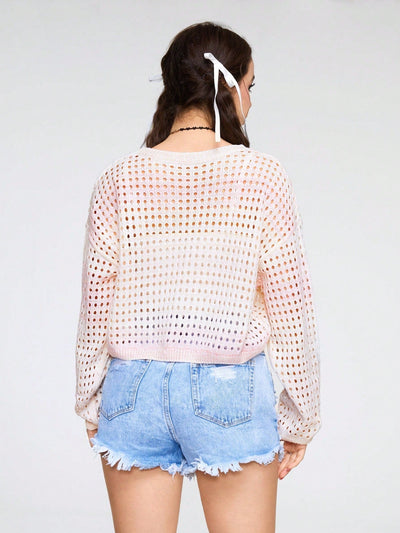 ROMWE Kawaii Jersey De Manga Larga Con Cuello Redondo Para Mujer Con Patron De Estrella De Degradado De Color Y Estilo Hueco