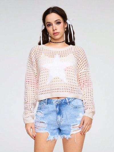 ROMWE Kawaii Jersey De Manga Larga Con Cuello Redondo Para Mujer Con Patron De Estrella De Degradado De Color Y Estilo Hueco