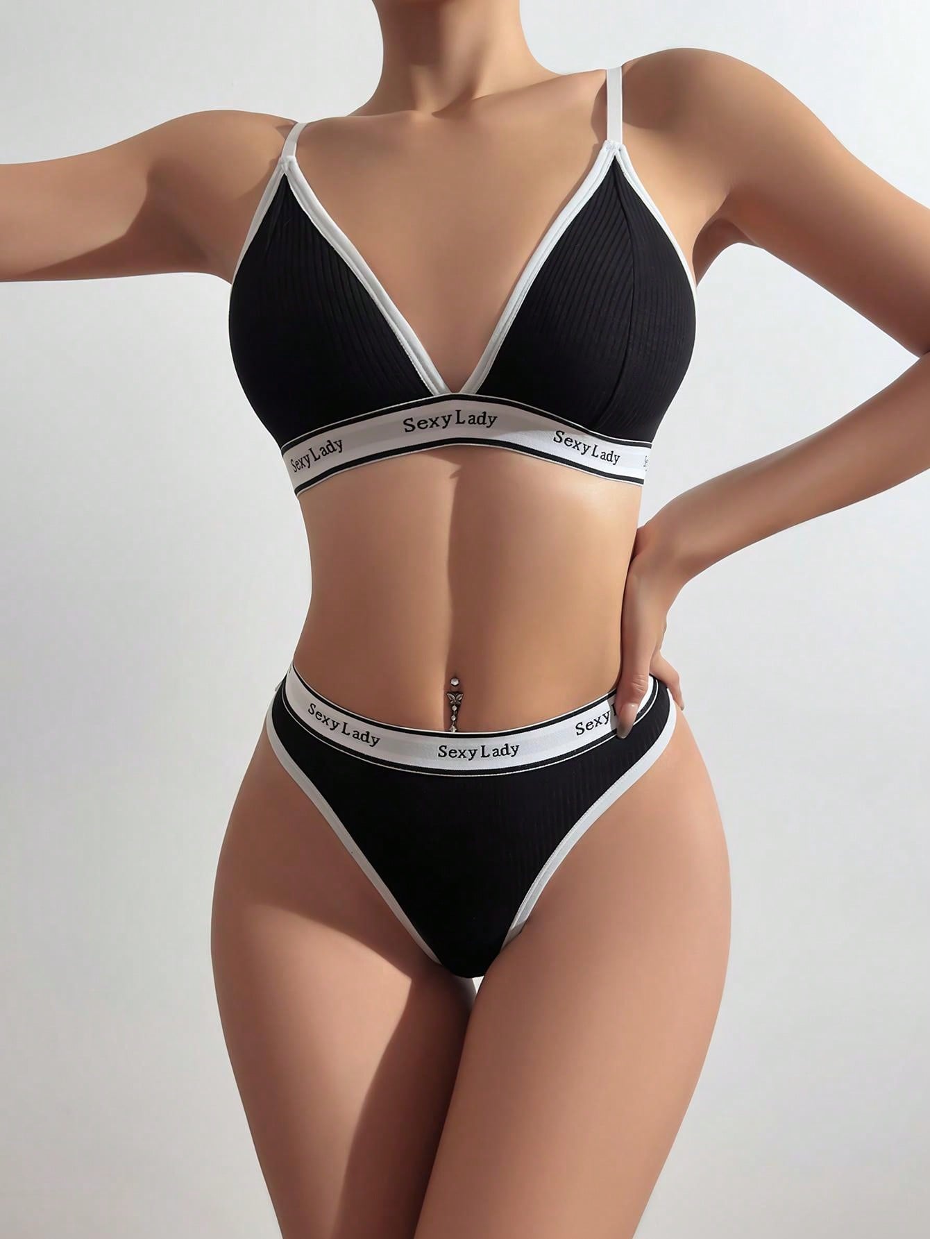 Conjunto De Ropa Interior Para Mujer: Con Letras Y Parches, Realce, Sujetador Deportivo Y Bragas