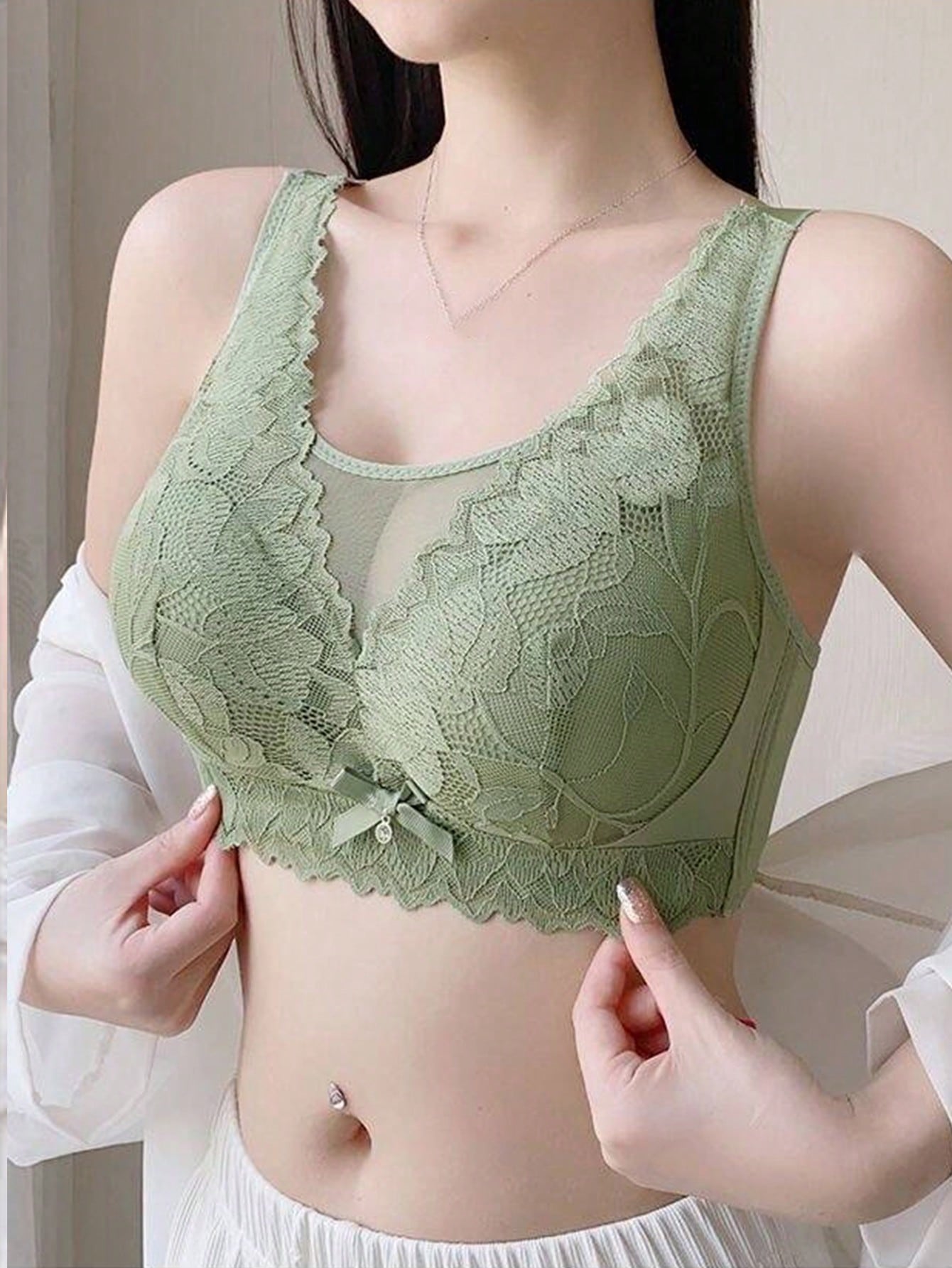 Sencillo Sujetador Inalambrico De Encaje Floral Solido Con Lazo, Sujetador De Cobertura Completa Comodo Y Transpirable, Lenceria Y Ropa Interior Para Mujeres