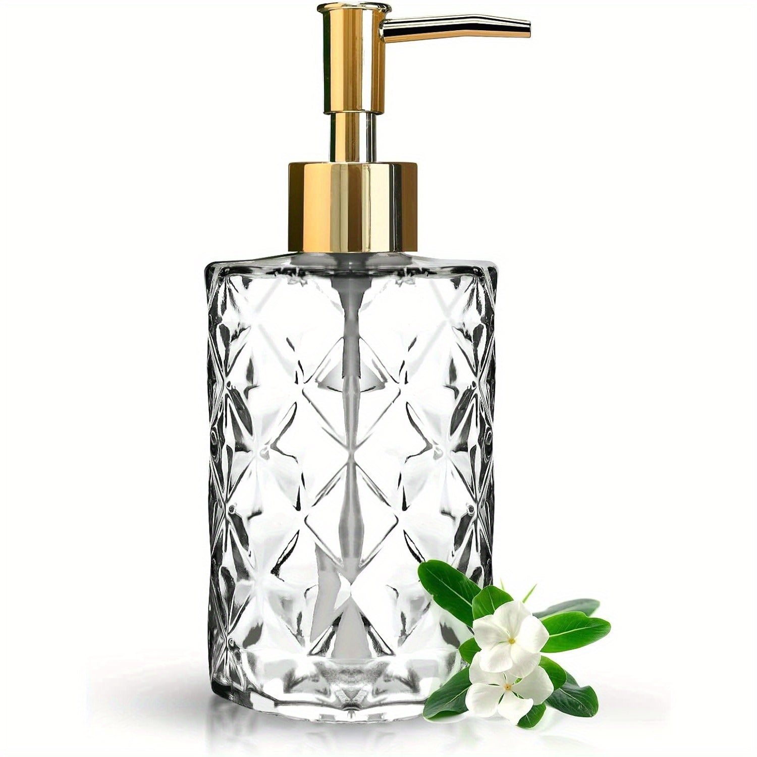 Paquete de 1/2 dispensadores de jabón de vidrio cristalino, 350ml/11oz. Bomba de loción de vidrio transparente, diseño cristalino, jabón de cocina reutilizable, gel de ducha, champú y dispensadores de jabón para manos.