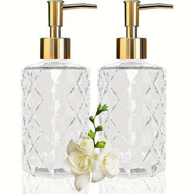 Paquete de 1/2 dispensadores de jabón de vidrio cristalino, 350ml/11oz. Bomba de loción de vidrio transparente, diseño cristalino, jabón de cocina reutilizable, gel de ducha, champú y dispensadores de jabón para manos.