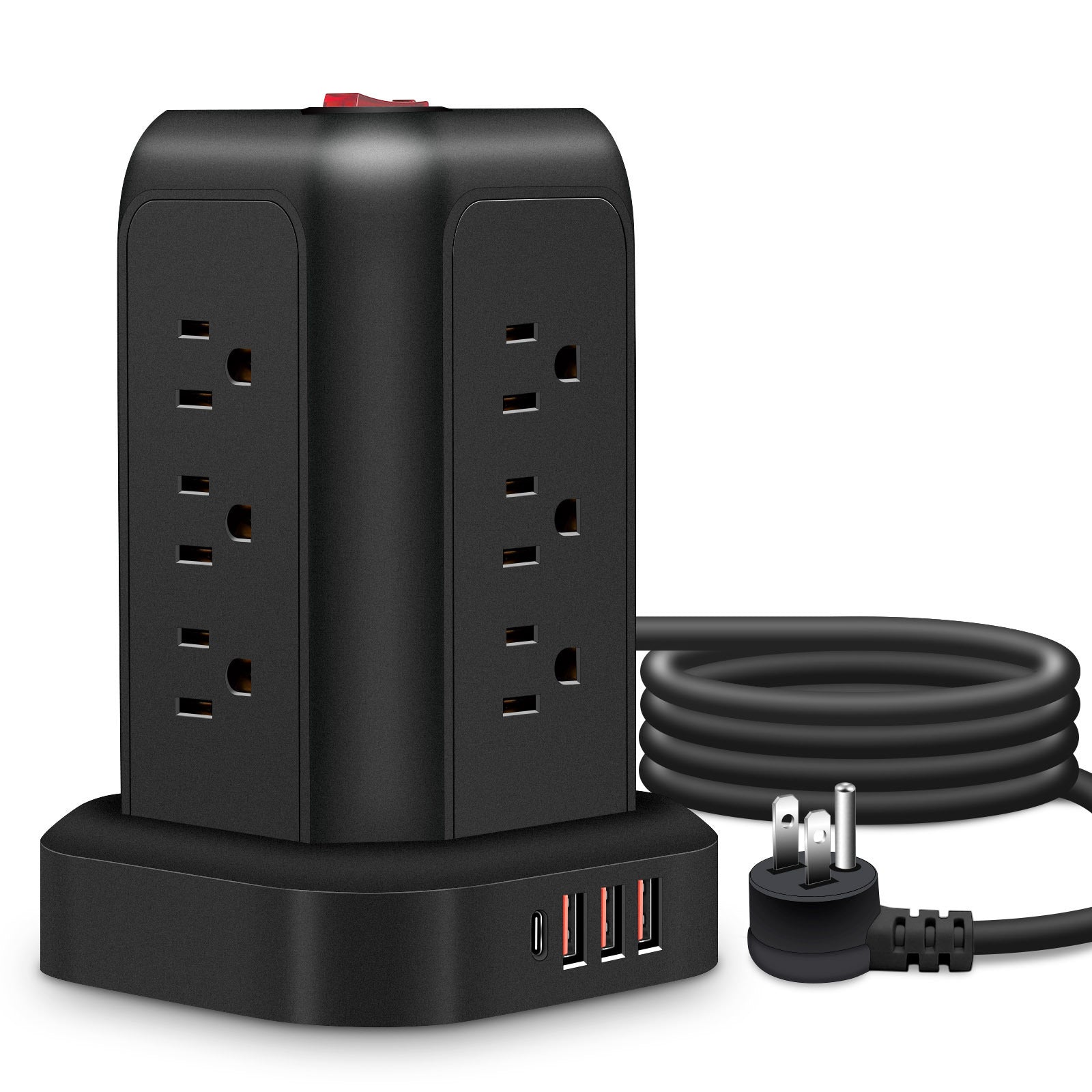 Una regleta de alimentación negra con protección contra sobretensiones, que incluye 12 tomas de CA, 3 puertos USB y 1 puerto tipo C, junto con un cable de extensión de 5 pies, adecuado para el hogar, la oficina, la cocina, el garaje y el dormitorio, maxi