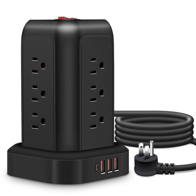 Una regleta de alimentación negra con protección contra sobretensiones, que incluye 12 tomas de CA, 3 puertos USB y 1 puerto tipo C, junto con un cable de extensión de 5 pies, adecuado para el hogar, la oficina, la cocina, el garaje y el dormitorio, maxi
