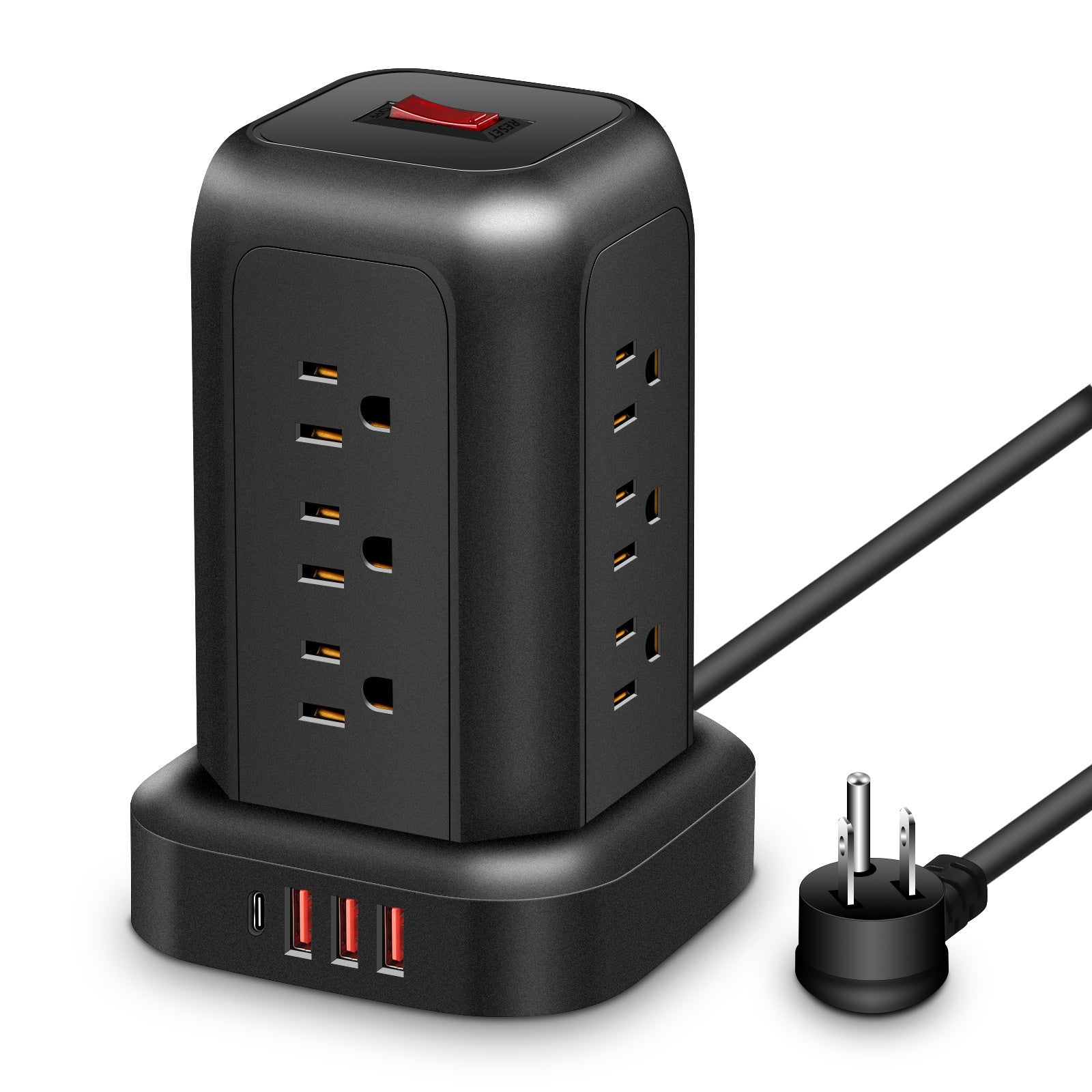 Una regleta de alimentación negra con protección contra sobretensiones, que incluye 12 tomas de CA, 3 puertos USB y 1 puerto tipo C, junto con un cable de extensión de 5 pies, adecuado para el hogar, la oficina, la cocina, el garaje y el dormitorio, maxi