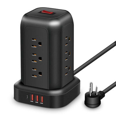 Una regleta de alimentación negra con protección contra sobretensiones, que incluye 12 tomas de CA, 3 puertos USB y 1 puerto tipo C, junto con un cable de extensión de 5 pies, adecuado para el hogar, la oficina, la cocina, el garaje y el dormitorio, maxi