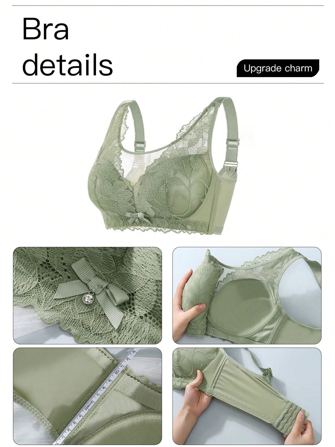 Sencillo Sujetador Inalambrico De Encaje Floral Solido Con Lazo, Sujetador De Cobertura Completa Comodo Y Transpirable, Lenceria Y Ropa Interior Para Mujeres