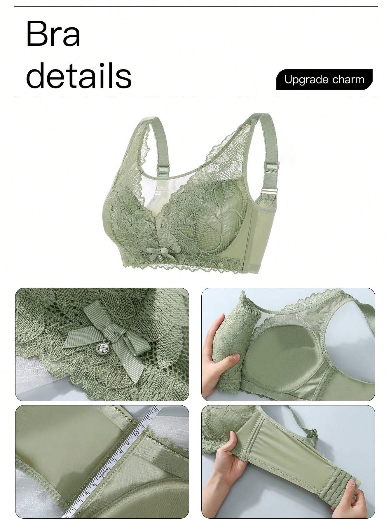 Sencillo Sujetador Inalambrico De Encaje Floral Solido Con Lazo, Sujetador De Cobertura Completa Comodo Y Transpirable, Lenceria Y Ropa Interior Para Mujeres
