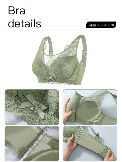 Sencillo Sujetador Inalambrico De Encaje Floral Solido Con Lazo, Sujetador De Cobertura Completa Comodo Y Transpirable, Lenceria Y Ropa Interior Para Mujeres