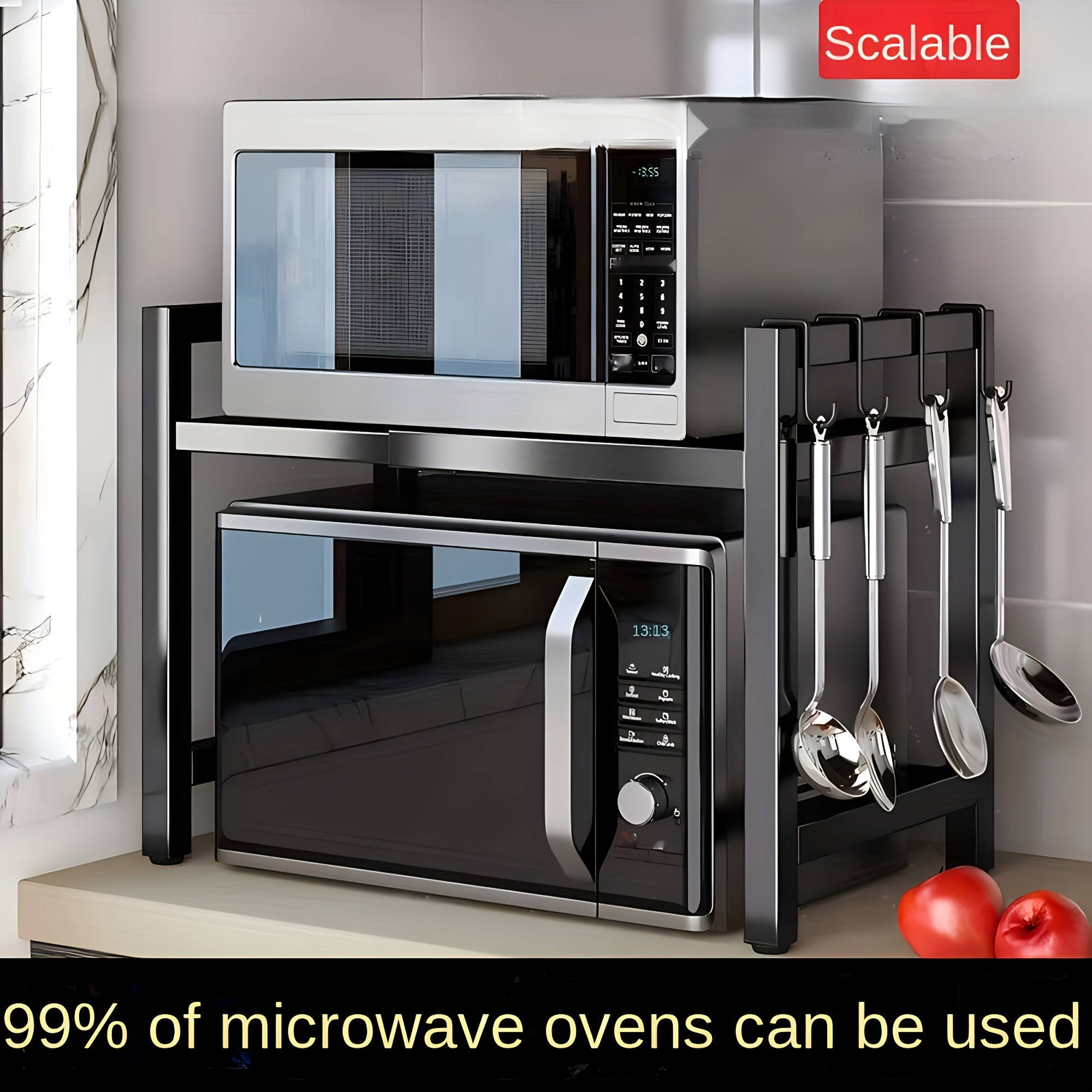 1pc-Estante para Microondas Expansible, Soporte de Cocina con Estante y Gancho para Vajilla en Acero al Carbón con 6 Ganchos - Regalos del Día de la Madre para Esposa