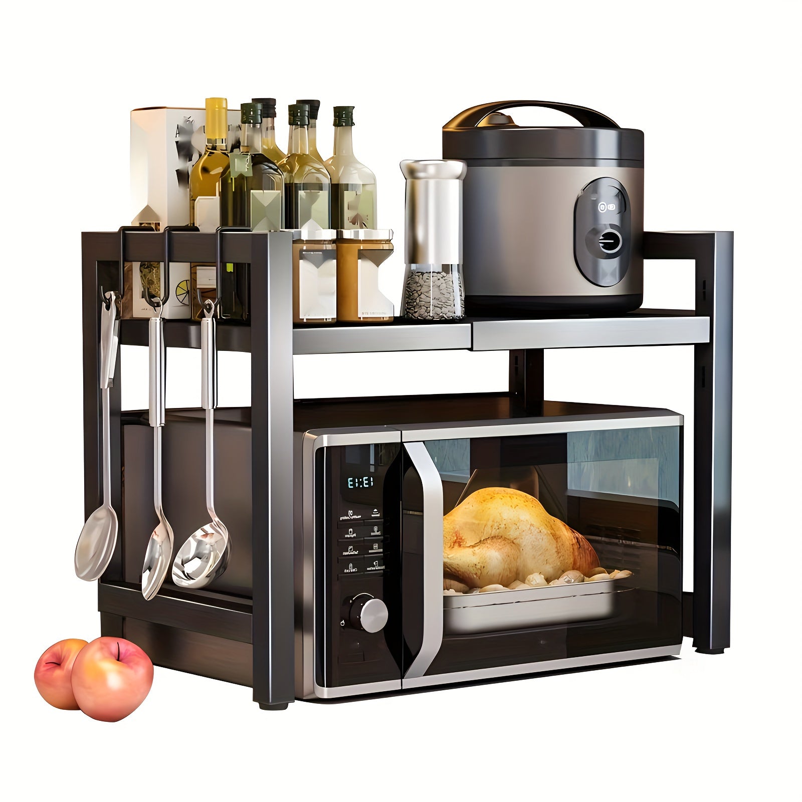 1pc-Estante para Microondas Expansible, Soporte de Cocina con Estante y Gancho para Vajilla en Acero al Carbón con 6 Ganchos - Regalos del Día de la Madre para Esposa